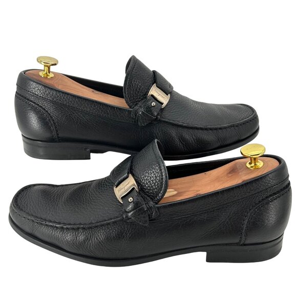 Salvatore Ferragamo Italy Men 8.5 Black Pebble Grain Leather Dress Shoes Loafers - Picture 4 of 12